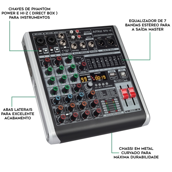 AMW ST6 - Mesa de Som 6 Canais 99 Efx Interface de Áudio USB !