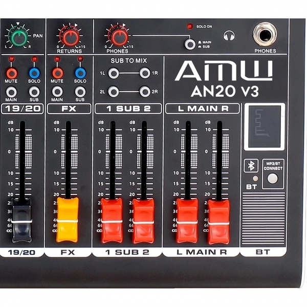 AMW AN20 v3 - Mesa de Som 20 Canais com 4 saídas Auxiliares DSP 99 EFX BT Interface