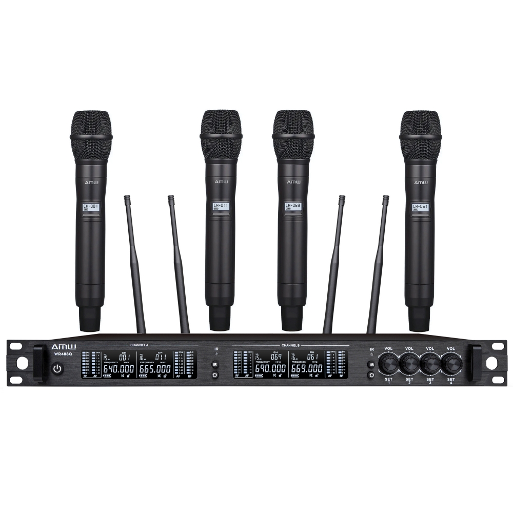 AMW AU7000 - Microfone Sem Fio Profissional 4 Canais Digital UHF Multibanda WR488Q + 4x WM80