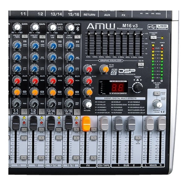 AMW M16 Fx v3 - Mesa de Som 16 Canais com EFX BT Player Sub Out e Interface !