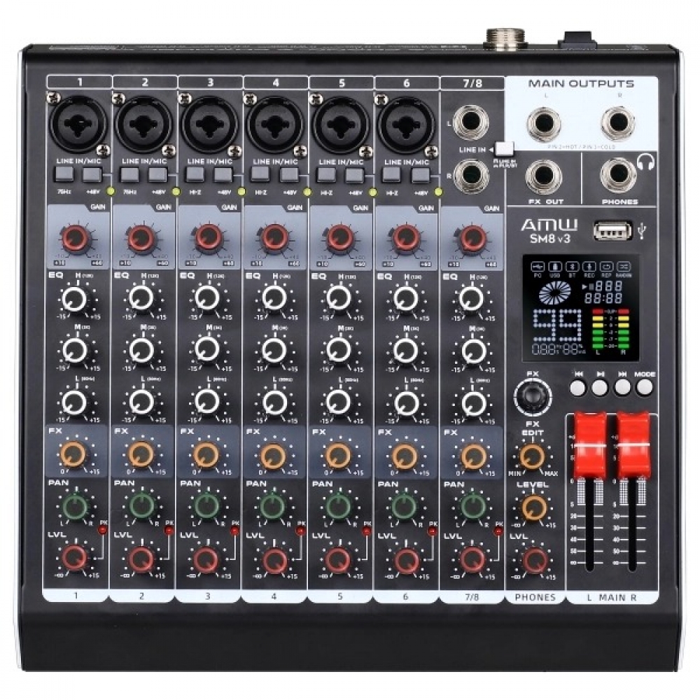 AMW SM8 v3 - Mesa de Som 99 Efeitos DSP 8 Canais Interface USB