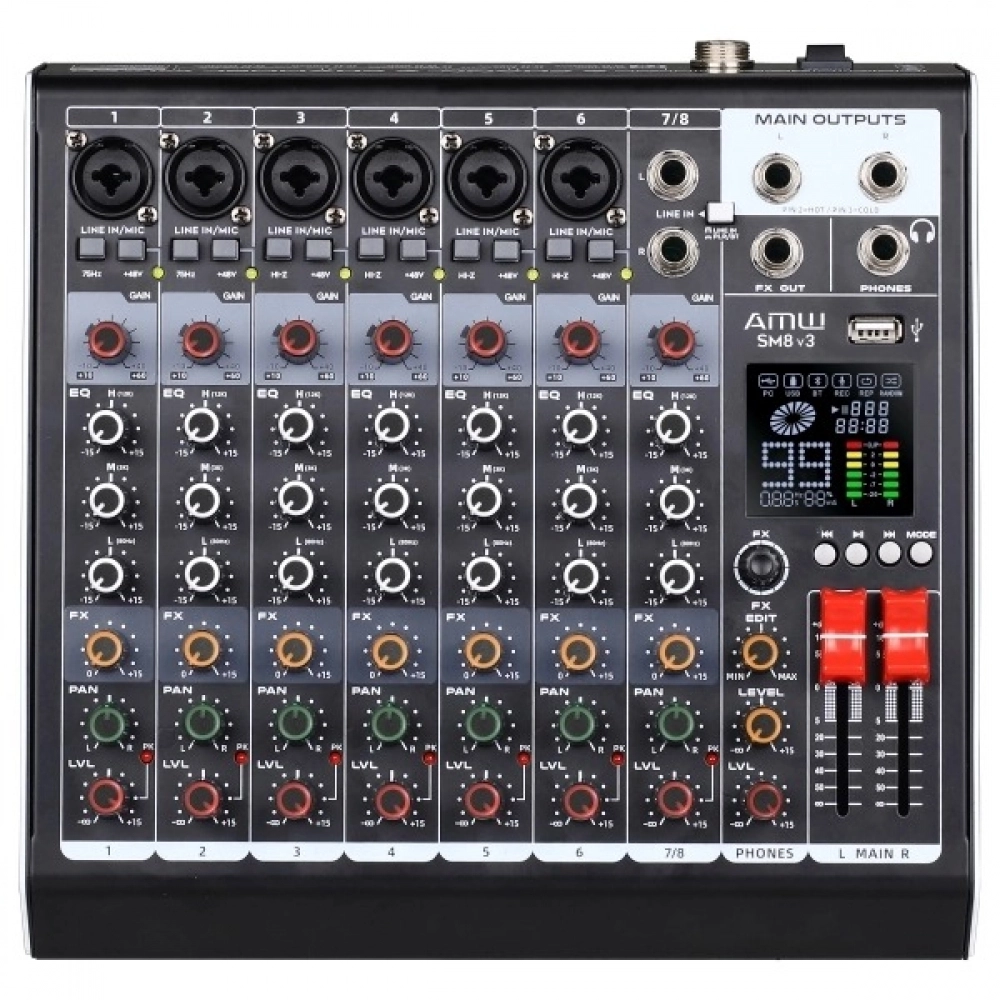 AMW SM8 v3 - Mesa de Som 99 Efeitos DSP 8 Canais Interface USB