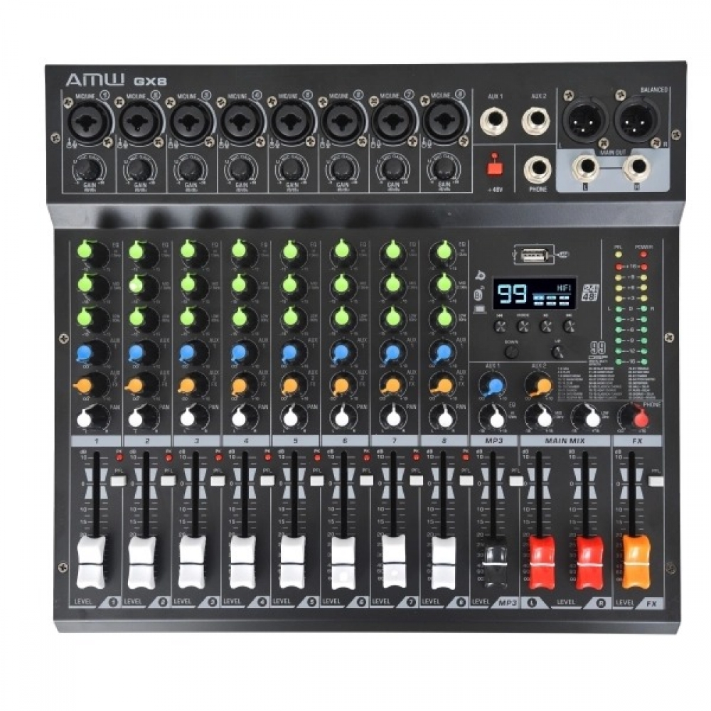 AMW GX8 Pro - Mesa de som 8 Canais 99 EFX DSP Interface USB Rec Aux