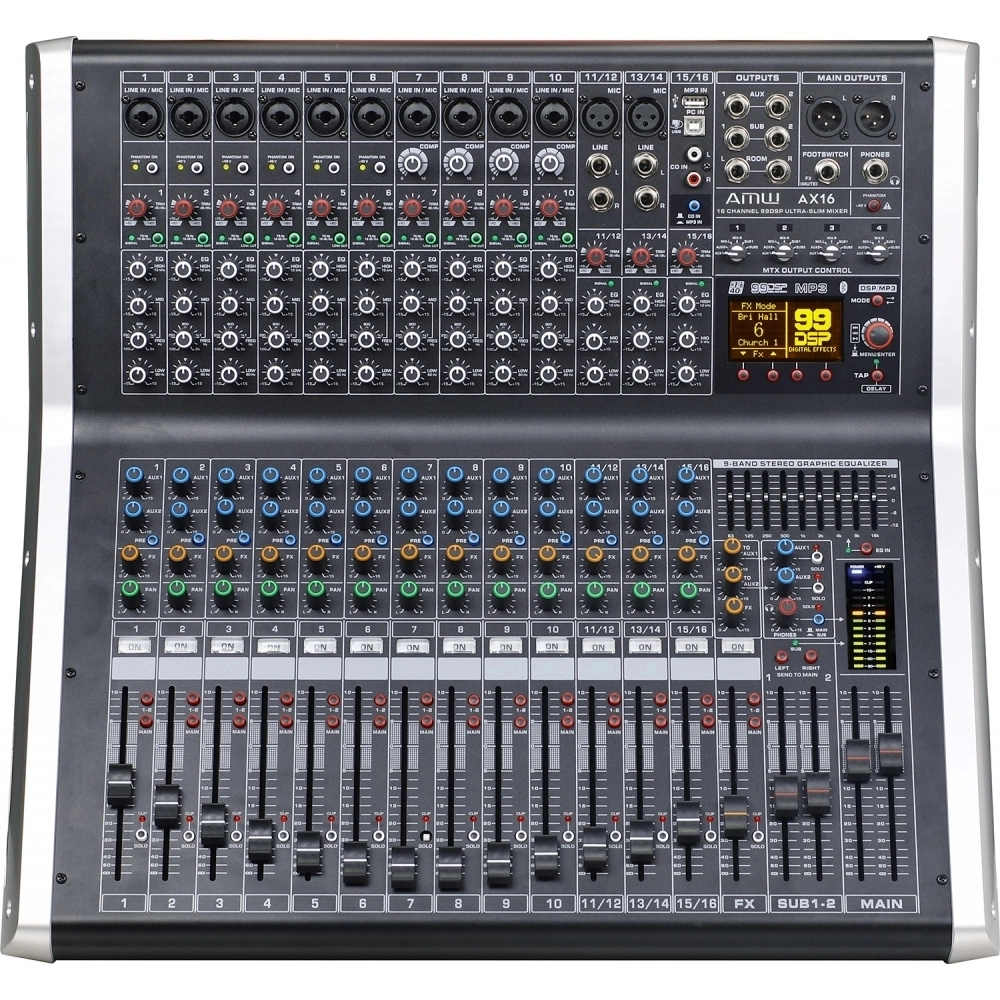 AMW AX16 v2 - Mesa de Som 16 Canais Processador de Efeitos Hi End USB Compressor 100mm