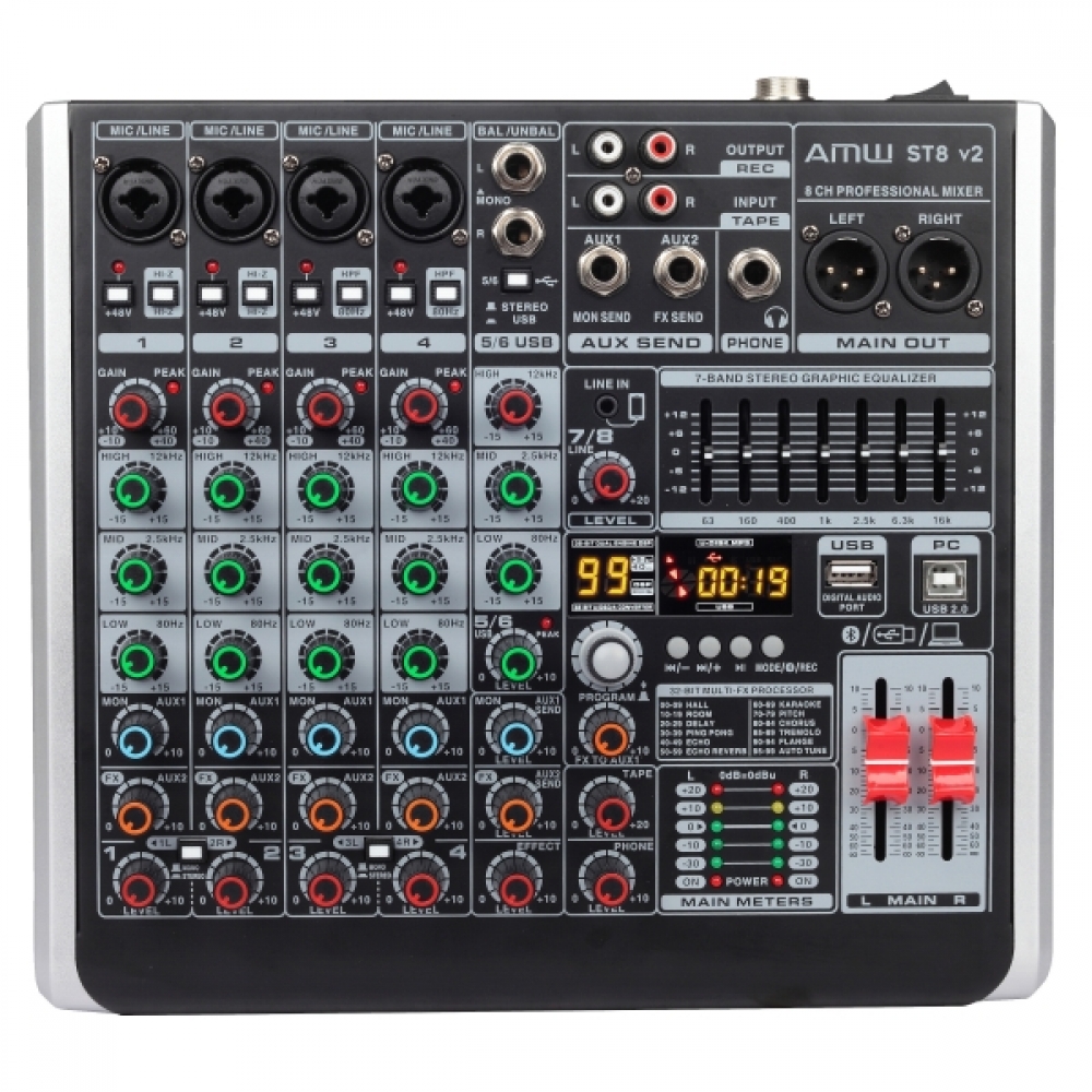 AMW ST8 - Mesa de Som 8 Canais 99 Efx Interface de Áudio USB !