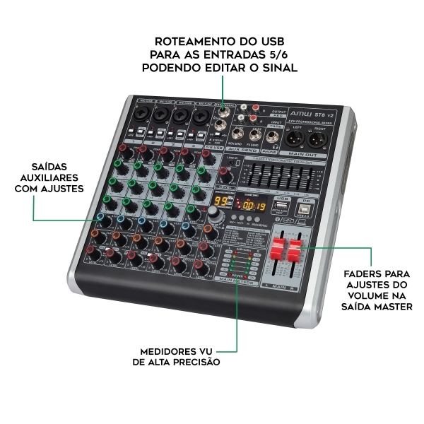 AMW ST8 - Mesa de Som 8 Canais 99 Efx Interface de Áudio USB !