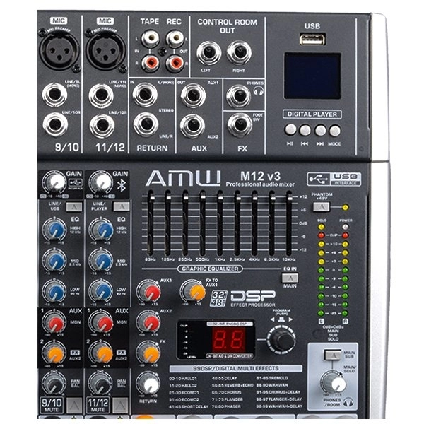 AMW M12 Fx v3 - v3 Mesa de Som 12 Canais com EFX BT Player Sub Out e Interface !