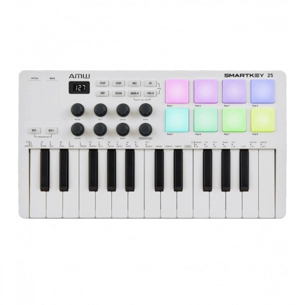 AMW Smartkey 25 White - Teclado Controlador Midi USB Teclas 8 PADs Knobs