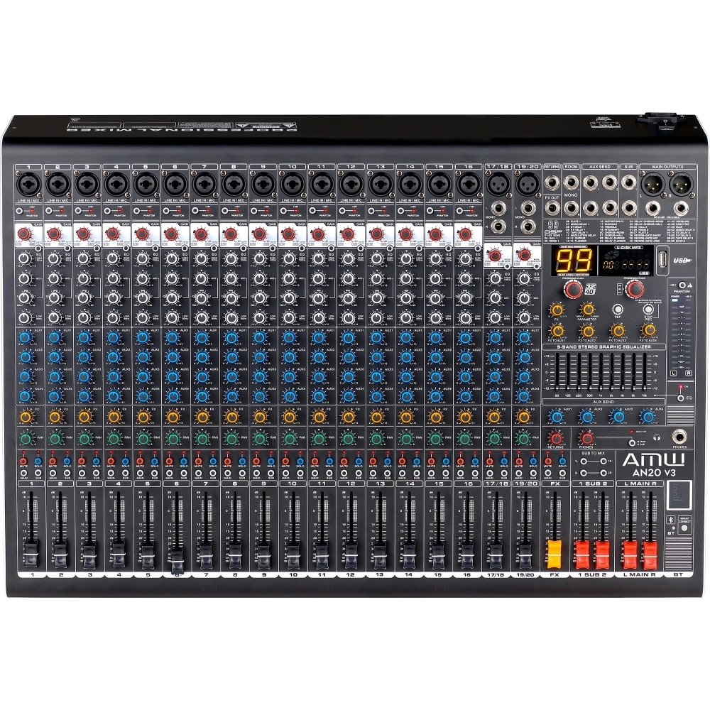 AMW AN20 v3 - Mesa de Som 20 Canais com 4 saídas Auxiliares DSP 99 EFX BT Interface