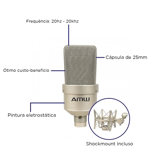 Amw EC1 - Microfone Condensador XLR 26mm Para Estúdio com Shockmount