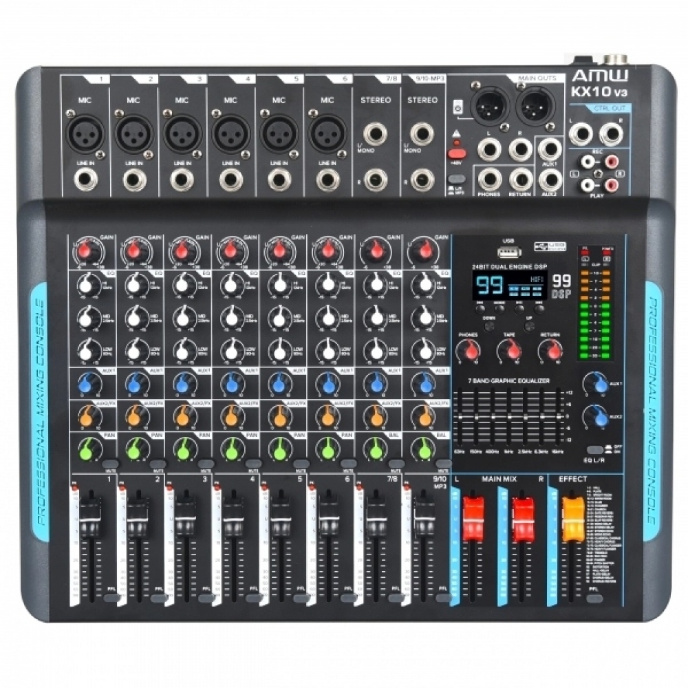 AMW KX10 v3 - Mesa de som 10 Canais 99 Efeitos Efx Mute Aux Eq