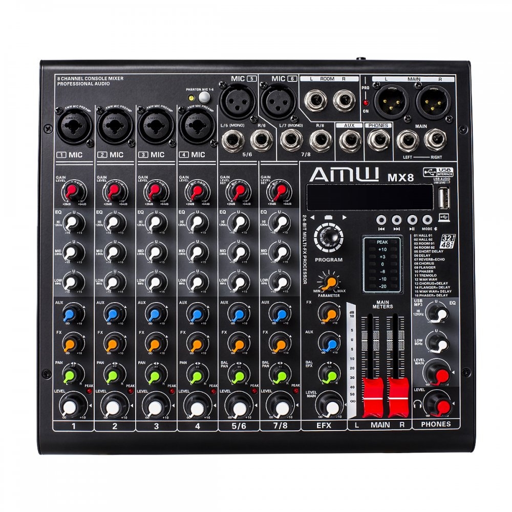 AMW MX8 v2 - Mesa  8 Canais 6 XLR Bluetooth EFX Interface USB