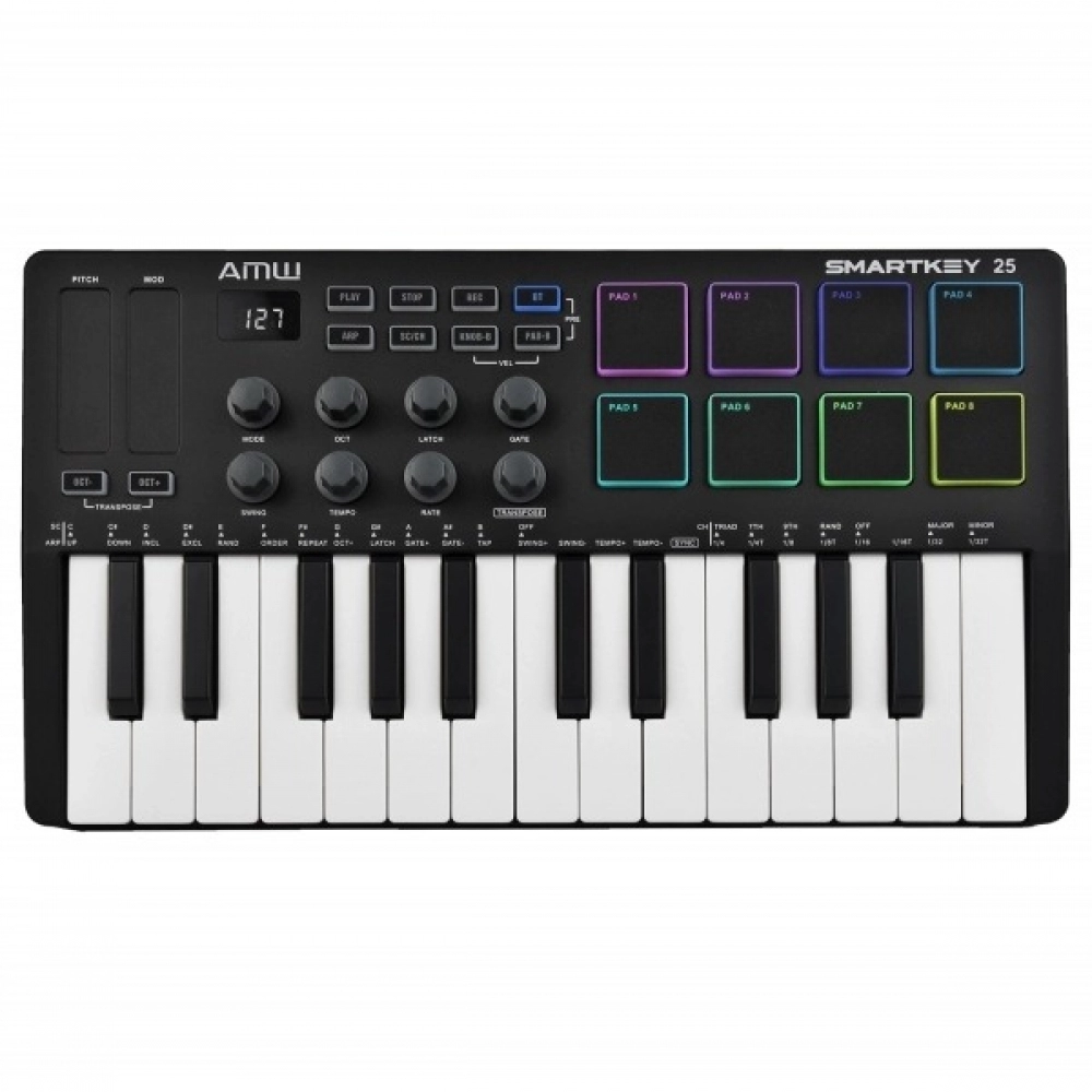 AMW Smartkey 25 Black - Teclado Controlador Midi USB Teclas 8 PADs Knobs