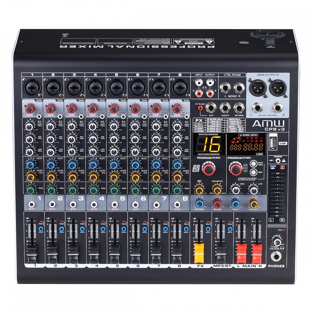 AMW CP8 V3 - Mesa de Som 8 Canais Efeitos USB Interface Mp3 BT Eq