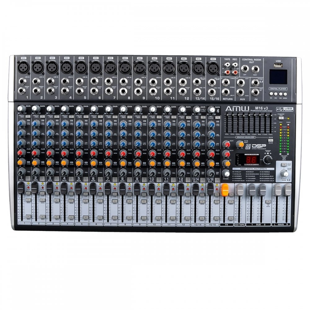 AMW M16 Fx v3 - Mesa de Som 16 Canais com EFX BT Player Sub Out e Interface !