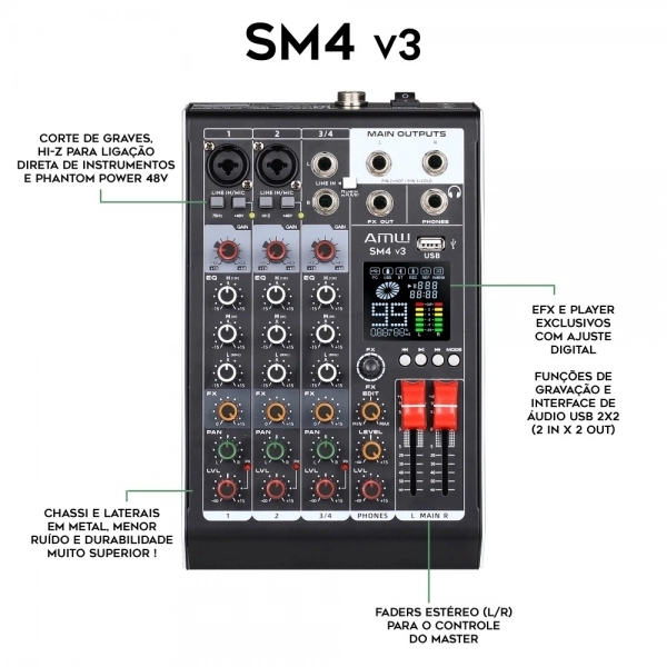 AMW SM4 V3 - Mesa de som 4 canais bluetooth e interface de áudio
