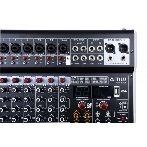 AMW Q12 v3 - Mesa de Som 12 Canais Combo 99 Efx Dsp 2 Aux Hi-Z Interface USB Eq BT