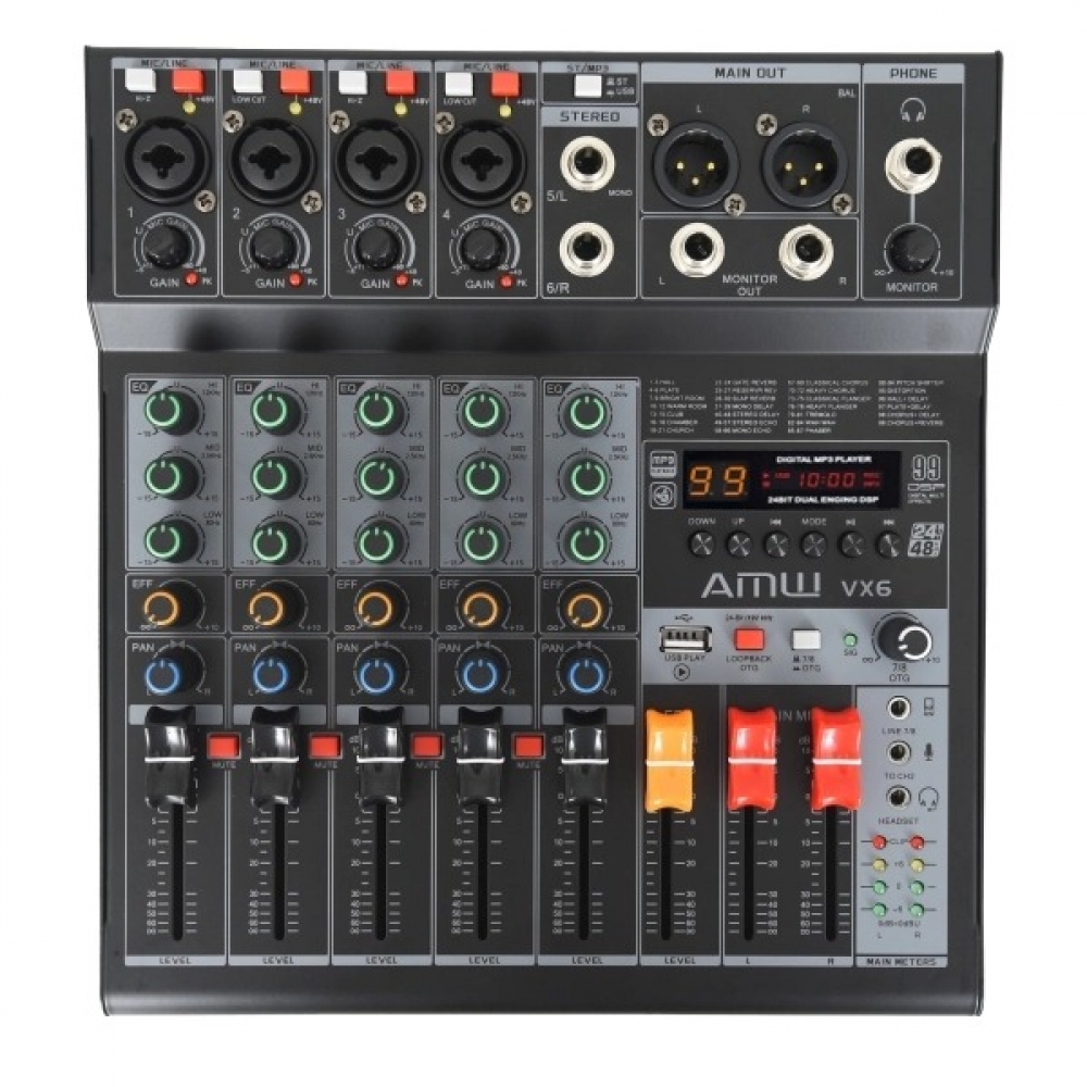AMW VX6 - Mesa de Som 6 Canais 99 EFX Interface USB OTG LoopBack