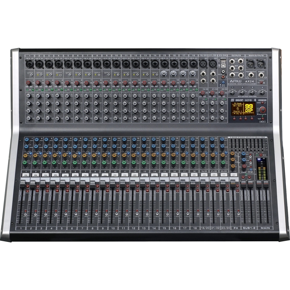 AMW AX24 v2 - Mesa de Som 24 Canais Processador de Efeitos Hi End USB Compressor 100mm