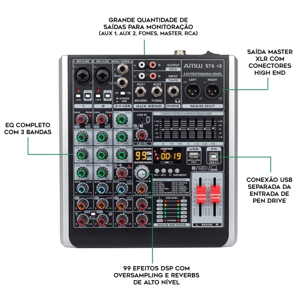 AMW ST6 - Mesa de Som 6 Canais 99 Efx Interface de Áudio USB !