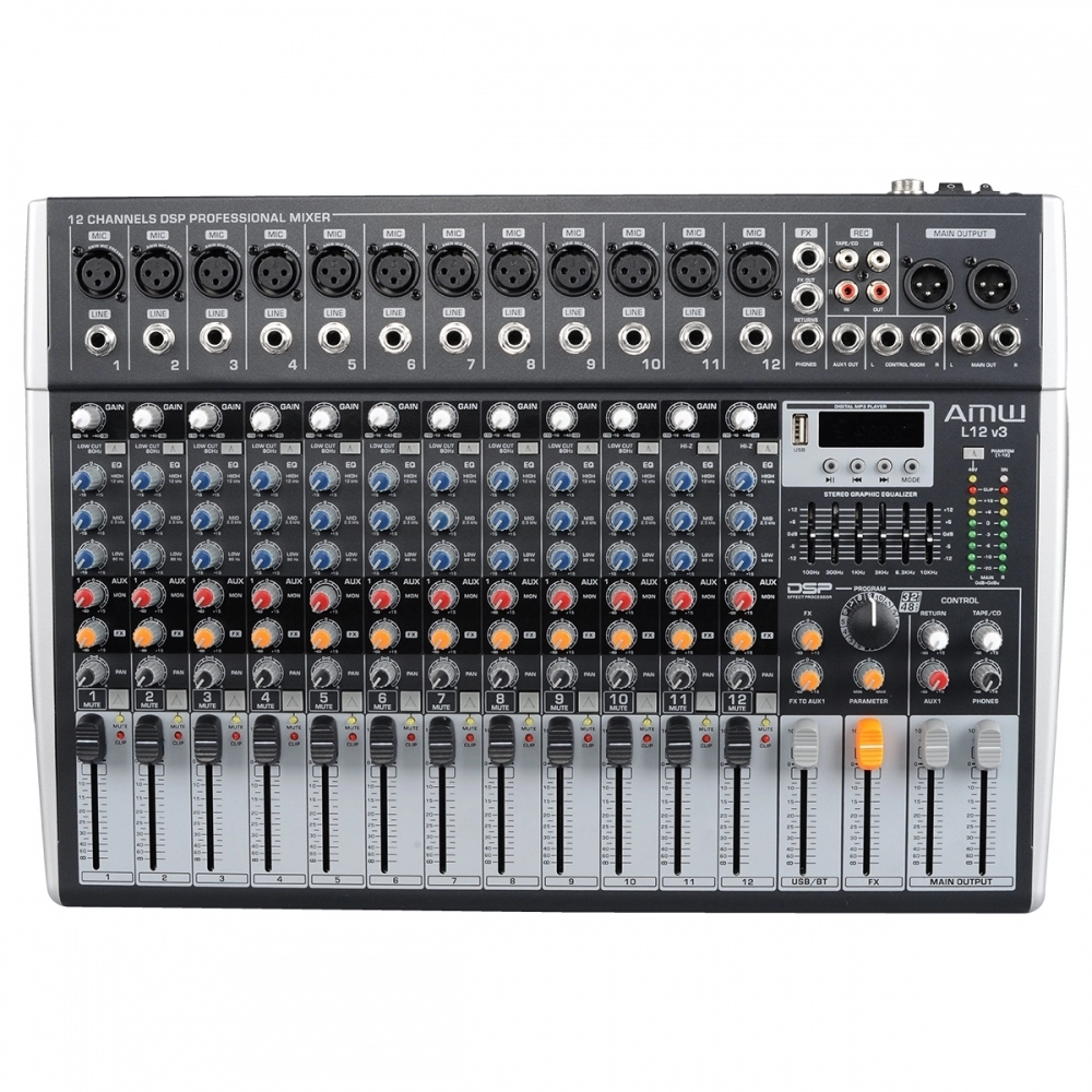 AMW L12 v3 - Mesa de Som 12 Canais XLR Efx Bt Rec Mp3 Eq