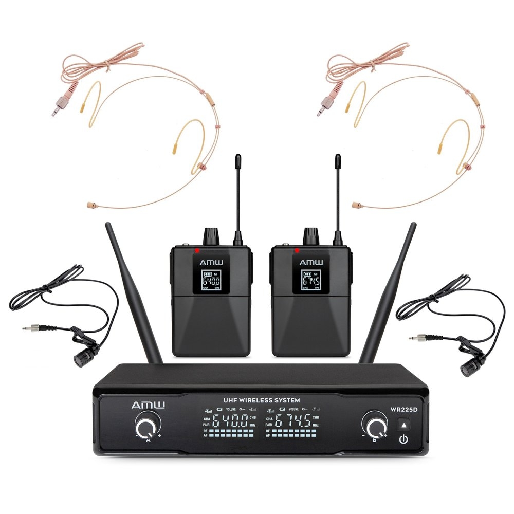 AMW BU200 2L 2A - Kit Microfone Sem Fio Duplo Lapela e Auricular UHF